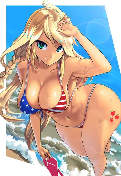 Size: 1936x2812 | Tagged: suggestive, artist:chigusa, banned from derpibooru, deleted from derpibooru, derpibooru import, applejack, human, abs, american flag, american flag bikini, amerijack, applebucking thighs, armpits, barefoot, beach, big breasts, bikini, breasts, busty applejack, clothes, curvy, cutie mark on human, feet, female, flag bikini, hatless, huge breasts, humanized, impossible thunder thighs, impossibly large thighs, impossibly wide hips, impossibly wide thighs, looking at you, missing accessory, muscles, sandals, solo, solo female, swimsuit, thighs, thunder thighs, water, wide hips