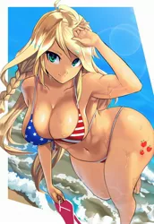 Size: 1936x2812 | Tagged: suggestive, artist:chigusa, banned from derpibooru, deleted from derpibooru, derpibooru import, applejack, human, abs, american flag, american flag bikini, amerijack, applebucking thighs, armpits, barefoot, beach, big breasts, bikini, breasts, busty applejack, clothes, curvy, cutie mark on human, feet, female, flag bikini, hatless, huge breasts, humanized, impossible thunder thighs, impossibly large thighs, impossibly wide hips, impossibly wide thighs, looking at you, missing accessory, muscles, sandals, solo, solo female, swimsuit, thighs, thunder thighs, water, wide hips