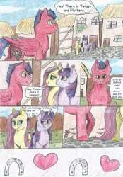 Size: 1161x1668 | Tagged: safe, artist:69beas, banned from derpibooru, deleted from derpibooru, derpibooru import, fluttershy, twilight sparkle, oc, oc:timberwolf, alicorn, pegasus, blushing, canon x oc, comic, traditional art