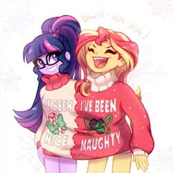Size: 900x900 | Tagged: safe, artist:jumblehorse, banned from derpibooru, deleted from derpibooru, derpibooru import, sci-twi, sunset shimmer, twilight sparkle, equestria girls, chromatic aberration, clothes, cute, eyes closed, female, get along shirt, glasses, laughing, open mouth, shared clothing, sweater, twiabetes