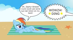 Size: 871x484 | Tagged: safe, artist:purplewonderpower, banned from derpibooru, deleted from derpibooru, derpibooru import, rainbow dash, zephyr breeze, beach, dialogue, female, male, offscreen character, shipping, speech bubble, straight, zephdash