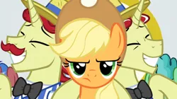 Size: 800x448 | Tagged: safe, artist:purplewonderpower, banned from derpibooru, deleted from derpibooru, derpibooru import, edit, edited screencap, screencap, applejack, flam, flim, friendship university, applejack is not amused, criticism, female, flim flam brothers, flimjack, male, shipping, straight, unamused