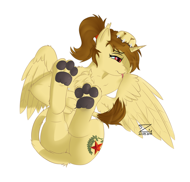 Size: 1280x1225 | Tagged: safe, artist:ziom5000, banned from derpibooru, deleted from derpibooru, derpibooru import, oc, oc:katya ironstead, sphinx, chest fluff, female, horn, lidded eyes, paw pads, paws, simple background, solo, sphinx oc, toe beans, underpaw, white background, wings