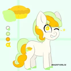 Size: 2000x2000 | Tagged: safe, artist:ghostygirl01, banned from derpibooru, deleted from derpibooru, derpibooru import, oc, oc:sweet citrus pie, unofficial characters only, earth pony, pony, adoptable, curly hair, cutie mark, female, mare, reference sheet, simple background, solo