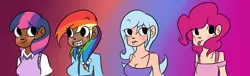 Size: 2177x663 | Tagged: safe, banned from derpibooru, deleted from derpibooru, derpibooru import, pinkie pie, rainbow dash, trixie, twilight sparkle, human, humanized, parody, scott pilgrim, scott pilgrim vs the world