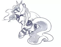 Size: 1024x800 | Tagged: suggestive, artist:bluntwhiskey, banned from derpibooru, deleted from derpibooru, derpibooru import, edit, edited edit, princess luna, butt, clothes, female, monochrome, moonbutt, plot, praise the moon, socks, solo, solo female, striped socks, underhoof