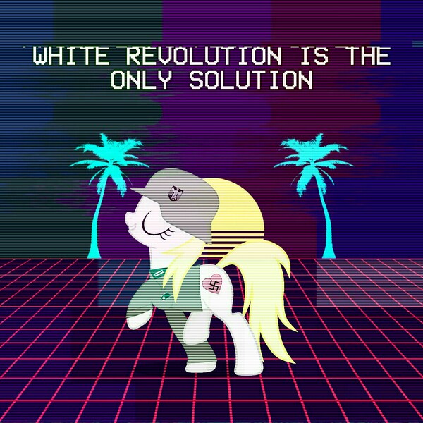 Size: 1280x1280 | Tagged: safe, artist:anonymous, banned from derpibooru, deleted from derpibooru, derpibooru import, edit, oc, oc:aryanne, clothes, fashwave, marching, /mlpol/, nazi, neon, palm tree, revolution, stahlhelm, tree, uniform, vaporwave, vector, white