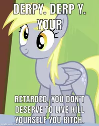 Size: 591x750 | Tagged: safe, banned from derpibooru, deleted from derpibooru, derpibooru import, edit, edited screencap, screencap, derpy hooves, pegasus, bitch, downvote bait, female, mare, meme, op has issues, retarded, vulgar