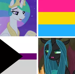 Size: 746x742 | Tagged: safe, artist:prideponies, banned from derpibooru, deleted from derpibooru, derpibooru import, screencap, princess celestia, queen chrysalis, alicorn, changeling, changeling queen, pony, chryslestia, demisexual, demisexual pride flag, female, headcanon, lesbian, lgbt, lgbt headcanon, pansexual, pansexual pride flag, pride, pride flag, shipping