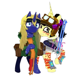 Size: 2951x2951 | Tagged: safe, artist:milescheetahperhour, artist:sapphmod, banned from derpibooru, deleted from derpibooru, derpibooru import, edit, oc, oc:false chasma, oc:sapphire mark, unofficial characters only, pony, unicorn, 2019 community collab, derpibooru community collaboration, bag, clothes, cutie pox, fangs, female, hoodie, looking at you, mare, simple background, standing, sunglasses, sword, transparent background, watergun, weapon