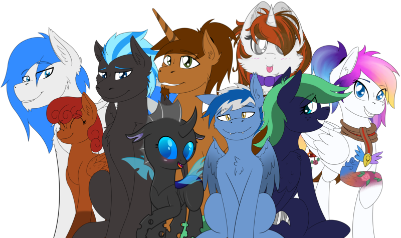 Size: 5744x3407 | Tagged: safe, artist:crowneprince, artist:waveywaves, artist:wcnimbus, banned from derpibooru, deleted from derpibooru, derpibooru import, oc, oc:coppercore, oc:firefly, oc:lumi, oc:middy, oc:nimbus, oc:nova breeze, oc:snowstorm, oc:waves, oc:winter, unofficial characters only, changeling, pegasus, pony, sphinx, unicorn, 2019 community collab, derpibooru community collaboration, absurd resolution, blind, bowtie, charm, clothes, cutie mark, female, group photo, looking at you, male, mare, scarf, stallion, tattoo