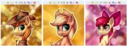 Size: 778x282 | Tagged: safe, artist:conniethecasanova, artist:setharu, banned from derpibooru, deleted from derpibooru, derpibooru import, edit, apple bloom, applejack, big macintosh, braeburn, granny smith, derpibooru, apple family, bow, clothes, cowboy hat, cute, hat, juxtaposition, meta, vest