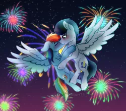 Size: 1024x900 | Tagged: safe, artist:shootingstaryt, banned from derpibooru, deleted from derpibooru, derpibooru import, rainbow dash, soarin', pegasus, pony, blushing, female, fireworks, kissing, male, mare, new year, shipping, soarindash, stallion, straight