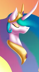 Size: 800x1485 | Tagged: safe, artist:trooperette, banned from derpibooru, deleted from derpibooru, derpibooru import, part of a set, princess celestia, pony, bust, curved horn, eyes closed, eyeshadow, female, gradient background, horn, jewelry, lockscreen, makeup, mare, regalia, solo