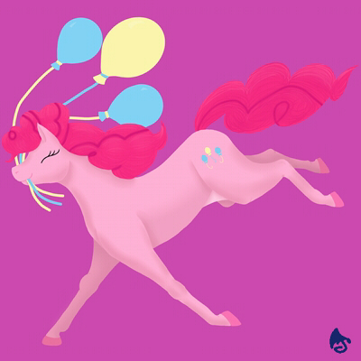 Size: 400x400 | Tagged: safe, artist:trooperette, banned from derpibooru, deleted from derpibooru, derpibooru import, pinkie pie, earth pony, pony, balloon, cutie mark, eyes closed, female, gift art, mare, mouth hold, pink background, running, simple background, smiling, solo