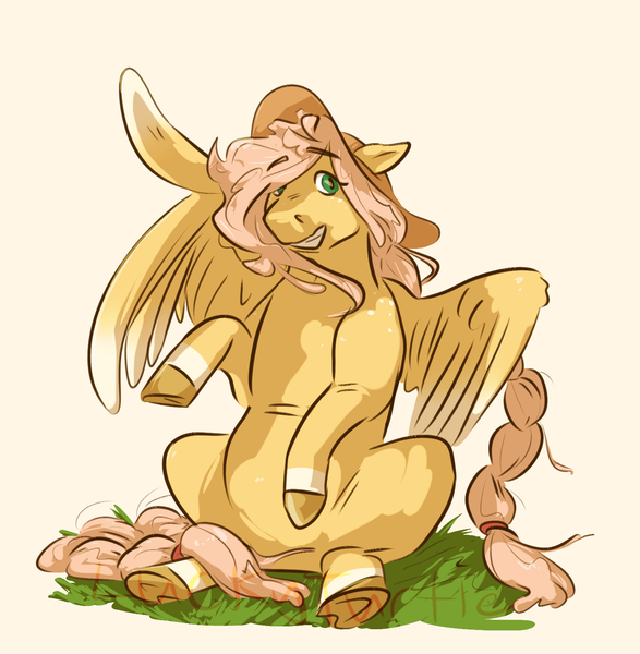 Size: 1280x1309 | Tagged: safe, artist:turtleponys, banned from derpibooru, deleted from derpibooru, derpibooru import, applejack, fluttershy, pegasus, pony, appleshybomb, appleshy, braid, female, fusion, grass, hat, lesbian, shipping, smiling, solo, waving