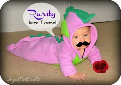 Size: 1600x1134 | Tagged: safe, artist:sugartastcrafts, banned from derpibooru, deleted from derpibooru, derpibooru import, rarity, spike, baby, clothes, costume, dragon costume, facial hair, female, flower, implied rarity, irl, male, moustache, mustachio, photo, romantic, rose, shipping, sparity, speech bubble, spike costume, straight, text