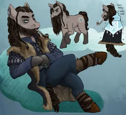 Size: 817x746 | Tagged: safe, artist:charlie-bad-touch, banned from derpibooru, deleted from derpibooru, derpibooru import, ponified, earth pony, pony, beard, clothes, facial hair, fur coat, pipe, the hobbit, thorin oakenshield