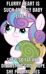 Size: 607x981 | Tagged: safe, banned from derpibooru, deleted from derpibooru, derpibooru import, princess flurry heart, whammy, alicorn, pony, abuse, background pony strikes again, black background, caption, doll, downvote bait, female, flurrybuse, foal, frown, glare, hater, hug, image macro, looking up, op is such a worst human, pouting, simple background, sitting, text, toy, transparent background, vulgar