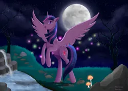 Size: 5261x3720 | Tagged: safe, artist:platinumfeather2002, banned from derpibooru, deleted from derpibooru, derpibooru import, twilight sparkle, twilight sparkle (alicorn), alicorn, pony, absurd resolution, female, full moon, magic, mare, moon, night, rearing, signature, solo, sparkles, spread wings, wings
