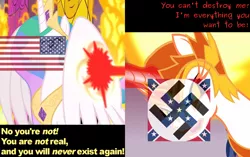 Size: 1440x906 | Tagged: safe, banned from derpibooru, deleted from derpibooru, derpibooru import, edit, edited screencap, screencap, daybreaker, princess celestia, a royal problem, american flag, angry, caption, confederate, confederate flag, cropped, dream, eqg flag-tag meme, fight, fire, folded wings, glare, gritted teeth, laser, magic, nazi, nazi flag, politics, stained glass, sun, swastika, text, throne room, unfortunate implications, united states, wings