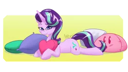 Size: 1280x720 | Tagged: safe, artist:cadetredshirt, banned from derpibooru, deleted from derpibooru, derpibooru import, starlight glimmer, pony, unicorn, colored pupils, cushion, cute, female, glimmerbetes, gradient background, heart, heart eyes, heart pillow, image, kirby, looking at you, lying down, pillow, png, prone, simple background, simple shading, smiling, solo, wingding eyes