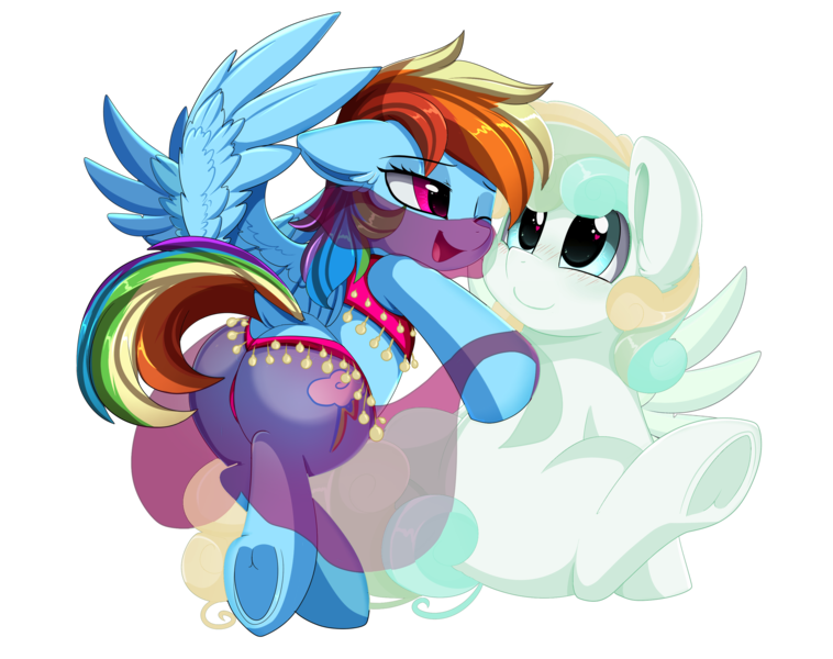 Size: 3030x2400 | Tagged: suggestive, artist:pridark, banned from derpibooru, deleted from derpibooru, derpibooru import, edit, editor:the dreaded, rainbow dash, vapor trail, pegasus, pony, adorasexy, belly dancer, blushing, clothes, cute, dashabetes, dock, female, frog (hoof), heart eyes, lesbian, mare, one eye closed, open mouth, panties, pink underwear, rainbowtrail, sexy, shipping, simple background, smiling, spread wings, stupid sexy rainbow dash, teasing, thong, transparent background, underhoof, underwear, vaporbetes, veil, wingboner, wingding eyes, wings