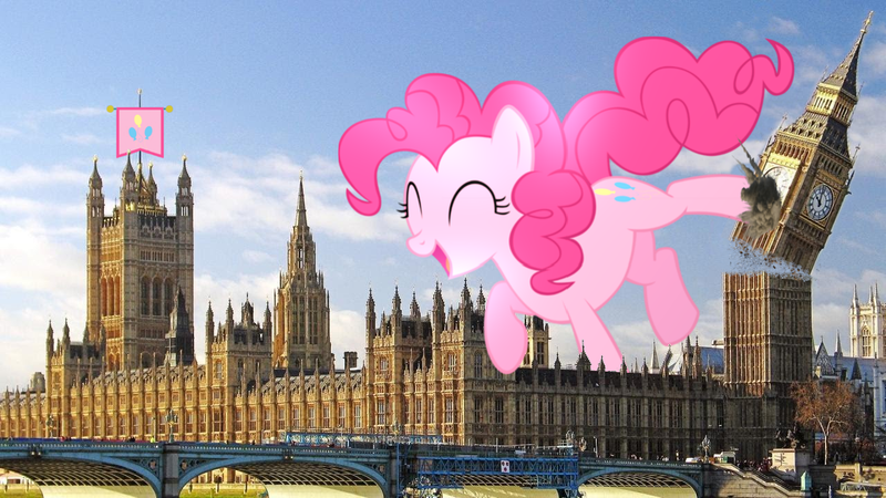Size: 1280x720 | Tagged: safe, artist:chapto, banned from derpibooru, deleted from derpibooru, derpibooru import, pinkie pie, pony, big ben, brexit, elizabeth tower, irl, london, photo, ponies in real life, united kingdom, westminster