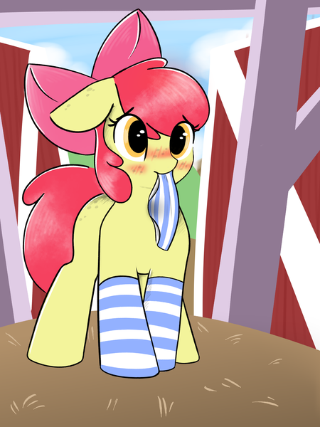 Size: 1958x2608 | Tagged: suggestive, artist:itsmeelement, banned from derpibooru, deleted from derpibooru, derpibooru import, apple bloom, earth pony, pony, blushing, bow, butt freckles, clothes, female, filly, freckles, hair bow, implied foalcon, mouth hold, panties, panties in mouth, shy, socks, solo, solo female, striped socks, striped underwear, underwear, wet panties