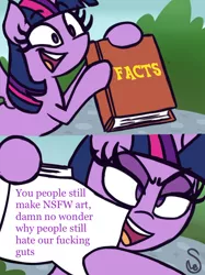 Size: 760x1015 | Tagged: safe, artist:quarium edits, banned from derpibooru, deleted from derpibooru, derpibooru import, twilight sparkle, exploitable meme, image macro, meme, mouthpiece, opinion, twilight's fact book