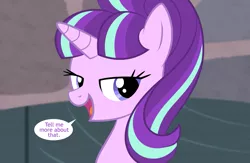 Size: 1181x770 | Tagged: safe, artist:culu-bluebeaver, banned from derpibooru, deleted from derpibooru, derpibooru import, starlight glimmer, pony, unicorn, comic:the newcomer, looking at you, s5 starlight, smiling, speech bubble