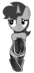 Size: 454x973 | Tagged: safe, artist:darkstorm619, banned from derpibooru, deleted from derpibooru, derpibooru import, oc, oc:dossier, pony, unicorn, fanfic:shadow of equestria, bipedal, blushing, clothes, collar, embarrassed, female, latex, leotard, mare, socks, solo, stockings, thigh highs