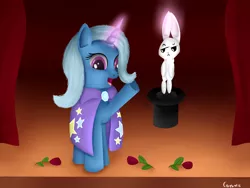 Size: 1600x1200 | Tagged: safe, artist:conrie, banned from derpibooru, deleted from derpibooru, derpibooru import, angel bunny, trixie, pony, unicorn, bunny out of the hat, cape, clothes, female, flower, happy, hat, magic trick, mare, smiling, stage, top hat, trixie's cape