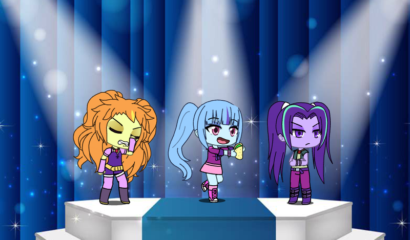 Size: 1024x600 | Tagged: safe, artist:shinmegamitenseishy, banned from derpibooru, deleted from derpibooru, derpibooru import, adagio dazzle, aria blaze, sonata dusk, siren, adagio is not amused, aho-girl, annoyed, aria blaze is not amused, cute, facepalm, food, gacha, gacha life, open mouth, popularity contest, pouting, runway, sonatabetes, sonataco, taco, the dazzlings, unamused