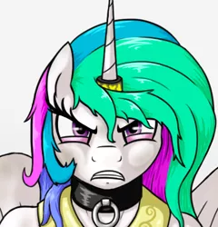 Size: 391x408 | Tagged: suggestive, banned from derpibooru, deleted from derpibooru, derpibooru import, princess celestia, fall of equestria, angry, collar, horn, horn ring, ring