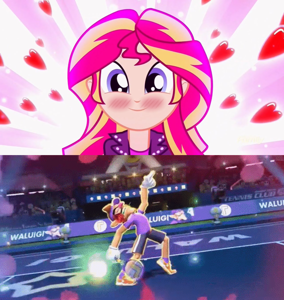 Size: 1143x1207 | Tagged: safe, artist:daniotheman, banned from derpibooru, deleted from derpibooru, derpibooru import, sunset shimmer, eqg summertime shorts, equestria girls, pet project, blushing, clothes, crossover, flower, heart, image, mario tennis, mario tennis aces, nintendo, png, rose, smiling, super mario bros., tennis court, tennis racket, waluigi, waluset