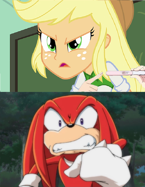 Size: 640x824 | Tagged: safe, artist:brandonale, banned from derpibooru, deleted from derpibooru, derpibooru import, edit, edited screencap, screencap, applejack, equestria girls, crossover, knuckles the echidna, pregnancy test, pregnancy test meme, sonic the hedgehog (series), sonic x