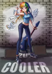 Size: 848x1200 | Tagged: safe, artist:the-park, banned from derpibooru, deleted from derpibooru, derpibooru import, rainbow dash, human, 20% cooler, armpits, clothes, female, guitar, humanized, looking at you, musical instrument, painting, solo, standing