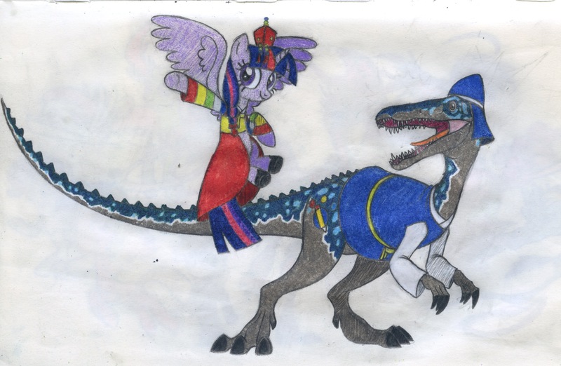 Size: 2231x1456 | Tagged: safe, artist:smcho1014, banned from derpibooru, deleted from derpibooru, derpibooru import, twilight sparkle, twilight sparkle (alicorn), oc, oc:wild sketchy, alicorn, dinosaur, pony, baryonyx, clothes, colored pencil drawing, duo, female, korean new year, lunar new year, mare, traditional art
