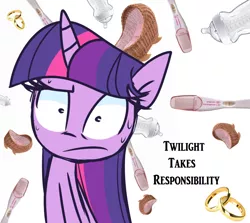 Size: 934x832 | Tagged: safe, artist:lilboulder, banned from derpibooru, deleted from derpibooru, derpibooru import, edit, twilight sparkle, pony, confused, cradle, fanfic art, female, fimfiction, frown, jewelry, looking at you, mare, nervous, pregnancy test, raised eyebrow, ring, solo, story in the source, sweat, text, wedding ring, wide eyes