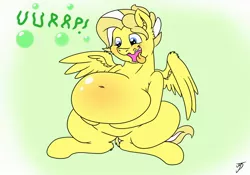 Size: 1280x896 | Tagged: suggestive, artist:buttercream pony, banned from derpibooru, deleted from derpibooru, derpibooru import, oc, oc:buttercream, pegasus, pony, abstract background, belly, big belly, bloated, burp, butter, fat, feedee, food, gas, hoof on belly, hug, male, solo, spread wings, wings