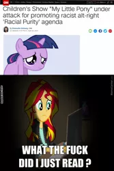 Size: 640x960 | Tagged: safe, banned from derpibooru, deleted from derpibooru, derpibooru import, edit, edited screencap, screencap, sunset shimmer, twilight sparkle, equestria girls, background pony strikes again, caption, cnn, confused, downvote bait, fake, fake news, female, filly, filly twilight sparkle, image macro, meme, sad, text, vulgar, wait what, younger