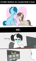 Size: 2412x4096 | Tagged: safe, banned from derpibooru, deleted from derpibooru, derpibooru import, oc, unofficial characters only, black mane, blue coat, blue eyes, blue mane, brown mane, comic, desk, female, half-closed eyes, heart, holiday, male, mare, meme, screen, simple background, smiling, stallion, text, valentine's day, white coat