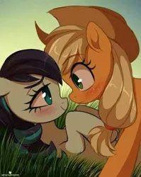 Size: 480x604 | Tagged: safe, artist:verawitch, banned from derpibooru, deleted from derpibooru, derpibooru import, applejack, coloratura, blushing, cute, female, grass, jackabetes, lesbian, rara, rarabetes, rarajack, shipping