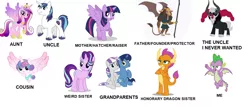 Size: 1562x668 | Tagged: safe, banned from derpibooru, deleted from derpibooru, derpibooru import, lord tirek, night light, princess cadance, princess flurry heart, scorpan, shining armor, smolder, spike, starlight glimmer, twilight sparkle, twilight sparkle (alicorn), twilight velvet, alicorn, centaur, dragon, gargoyle, pony, unicorn, cousin, dragoness, father, female, male, mother, sister, spike's family, staff, staff of sacanas, twilight's parents, uncle, winged spike