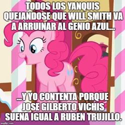 Size: 500x500 | Tagged: safe, banned from derpibooru, deleted from derpibooru, derpibooru import, edit, edited screencap, screencap, pinkie pie, genie, pony, aladdin (2019), spanish, voice actor, will smith