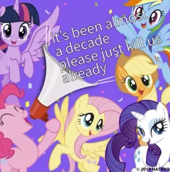 Size: 995x1007 | Tagged: safe, banned from derpibooru, deleted from derpibooru, derpibooru import, edit, applejack, fluttershy, pinkie pie, rainbow dash, rarity, twilight sparkle, twilight sparkle (alicorn), alicorn, earth pony, pegasus, pony, unicorn, applejack's hat, bullhorn, confetti, cowboy hat, end of ponies, eyes closed, female, hat, mane six, mare, megaphone, open mouth, smiling