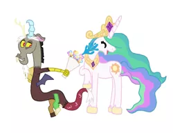 Size: 1663x1281 | Tagged: safe, artist:purplewonderpower, banned from derpibooru, deleted from derpibooru, derpibooru import, discord, princess celestia, alicorn, draconequus, twilight's kingdom, bouquet, dislestia, female, flower, male, prank, shipping, straight, water