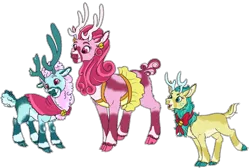 Size: 1000x671 | Tagged: safe, artist:zenaquaria, banned from derpibooru, deleted from derpibooru, derpibooru import, alice the reindeer, aurora the reindeer, bori the reindeer, best gift ever, adoralice, aurorable, bell, boribetes, cloven hooves, cute, female, neck ruff, redesign, simple background, the gift givers, transparent background, trio