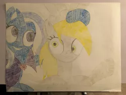 Size: 4032x3024 | Tagged: safe, artist:big-kid, banned from derpibooru, deleted from derpibooru, derpibooru import, derpy hooves, trixie, pegasus, pony, unicorn, a matter of principals, colored pencil drawing, derp, eye, eyes, gem, horn, mane, pull, traditional art, waving, wings